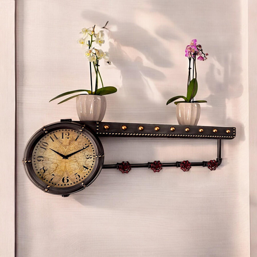 Wall Clock Shelf & Coat Rack | Vintage Multi-Functional Entryway Art