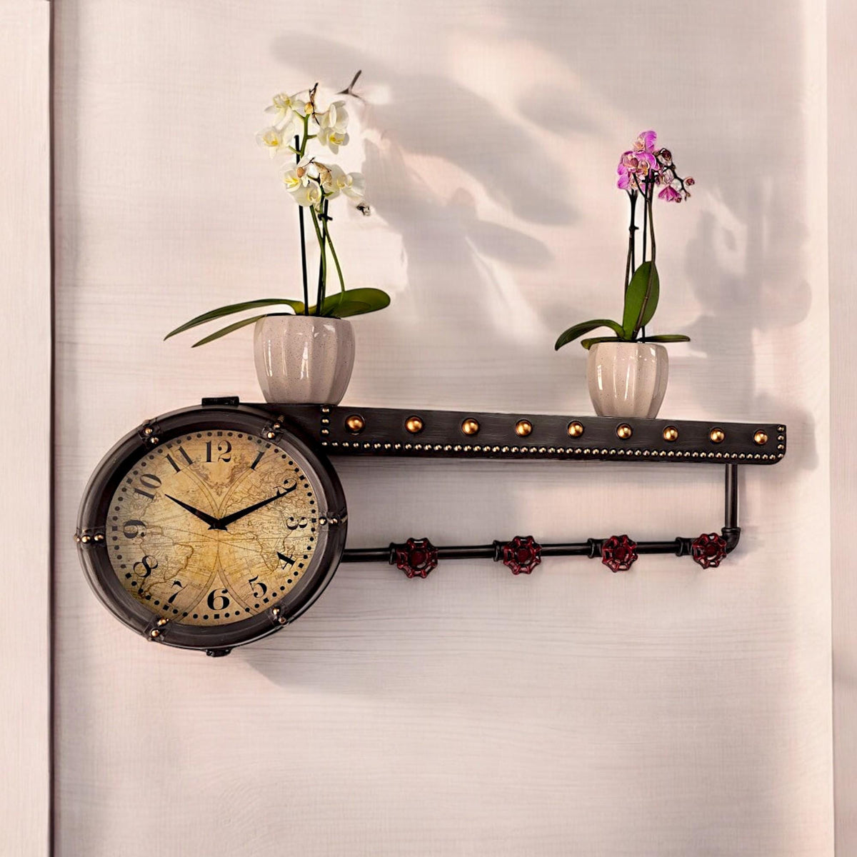 Wall Clock Shelf & Coat Rack | Vintage Multi-Functional Entryway Art