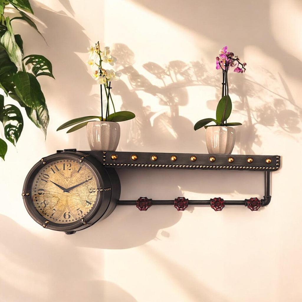 Wall Clock Shelf & Coat Rack | Vintage Multi-Functional Entryway Art