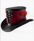 Genuine Leather Steampunk Top Hat – Red & Black Corset-Laced Victorian Hat with Side Pocket