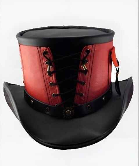 Genuine Leather Steampunk Top Hat – Red & Black Corset-Laced Victorian Hat with Side Pocket