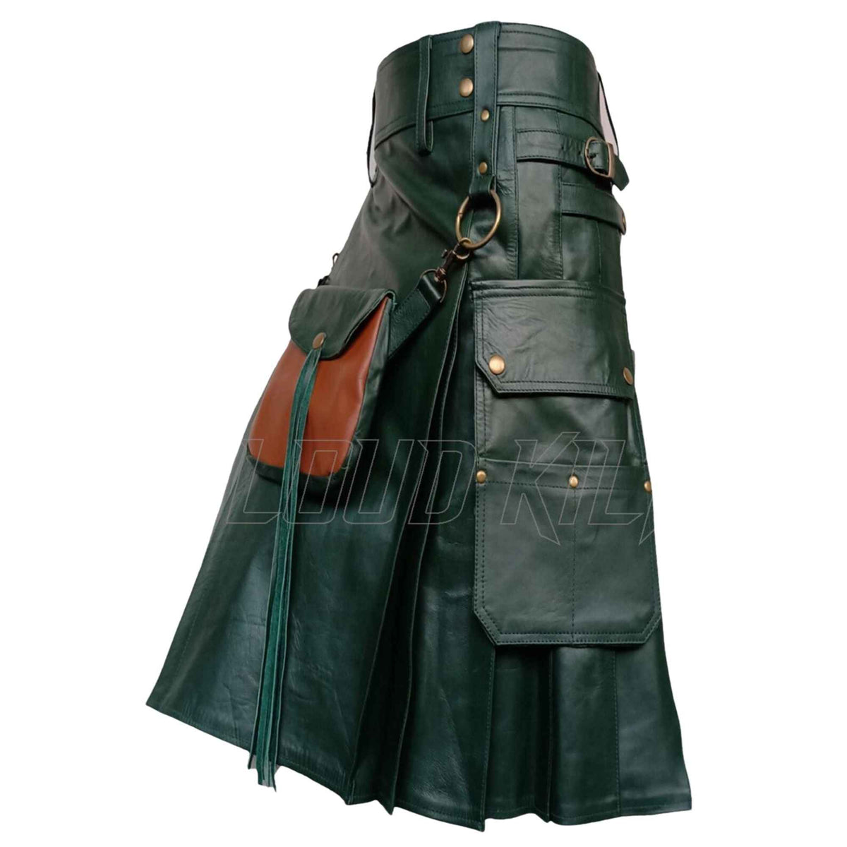 Men's Green Leather Kilt with Sporran – Handmade Real Leather Scottish Highland Kilt 24" Drop | Made to Order