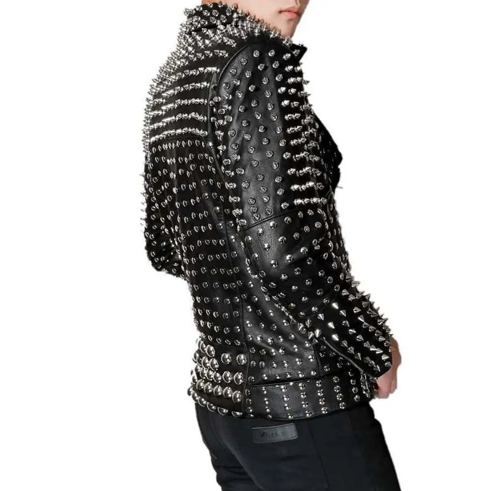 Men’s Leather Jacket with Full Silver Studded Detail