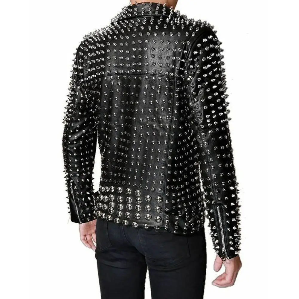 Men’s Leather Jacket with Full Silver Studded Detail