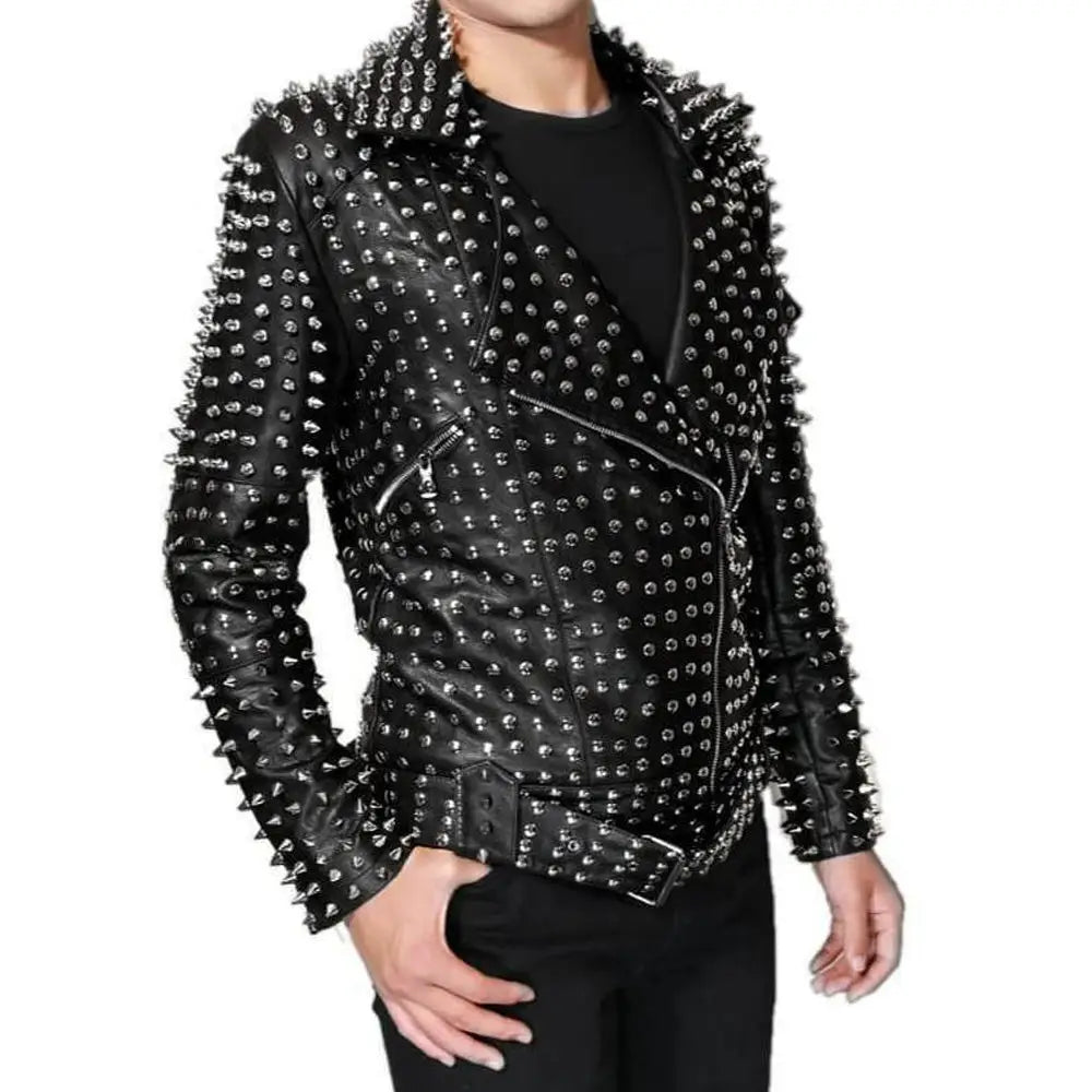 Men’s Leather Jacket with Full Silver Studded Detail