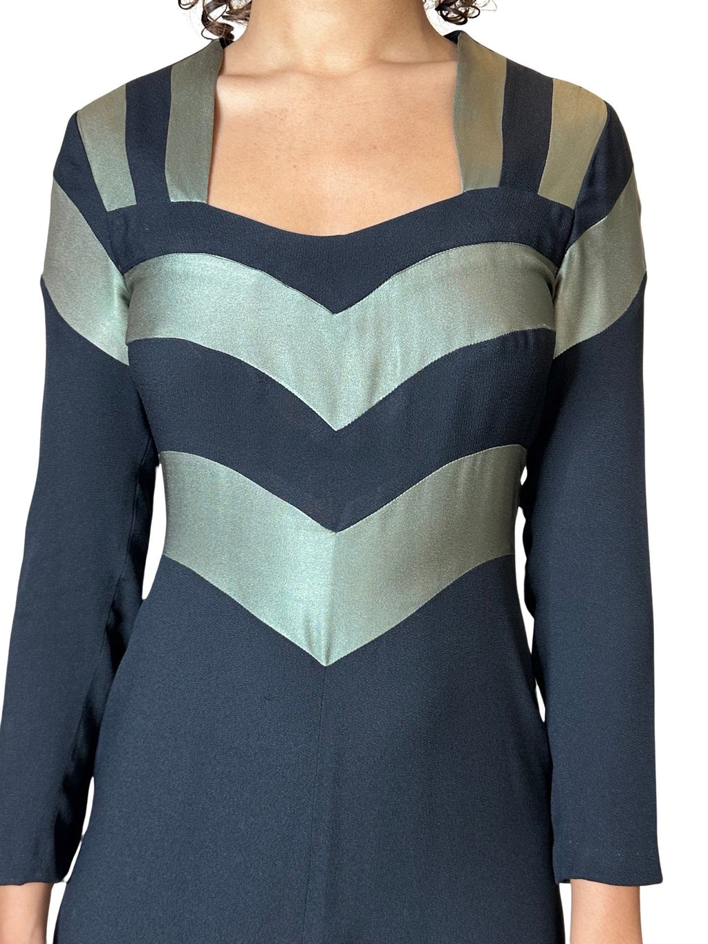 1970's Original Vintage Very Rare Ossie Clark / Quorum Black & Metallic Green Dress UK 8 - 10
