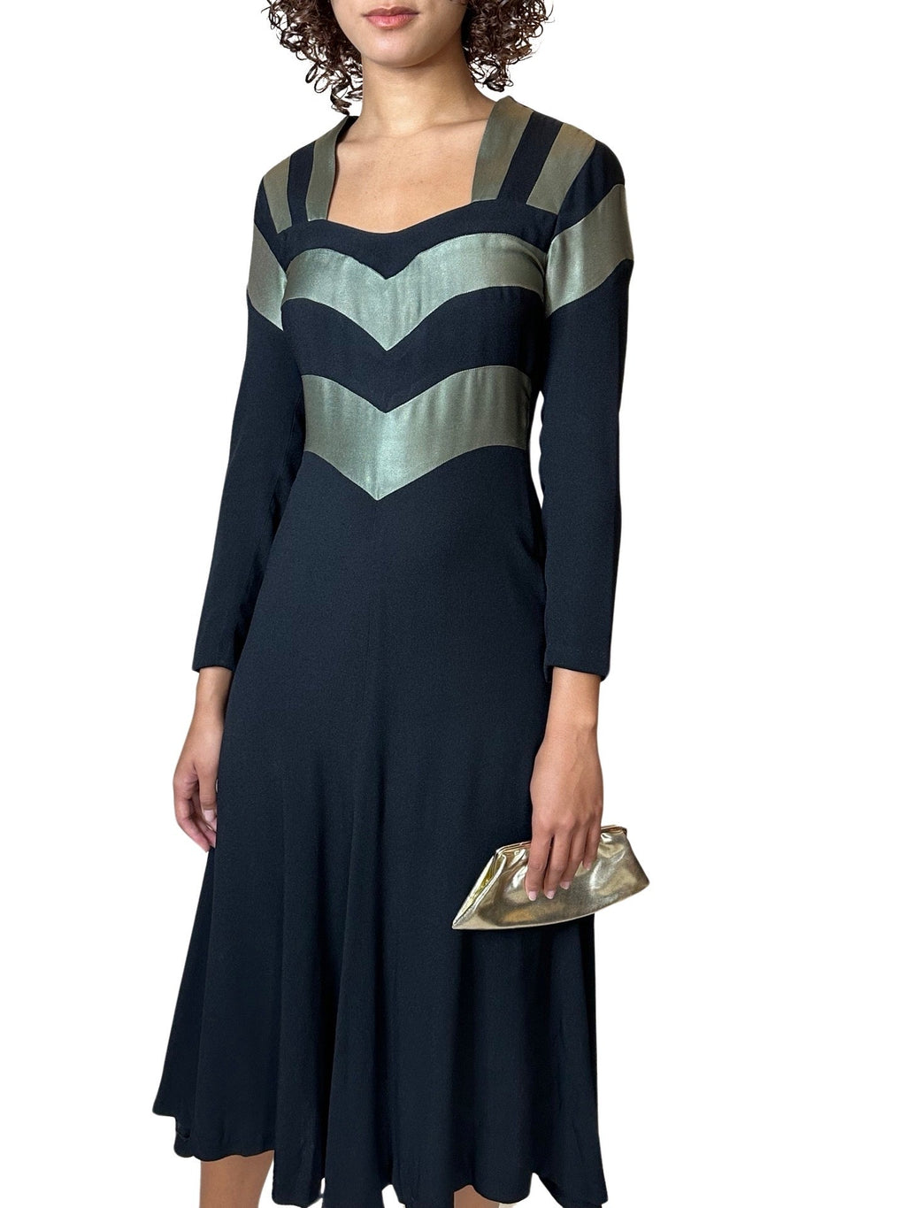 1970's Original Vintage Very Rare Ossie Clark / Quorum Black & Metallic Green Dress UK 8 - 10