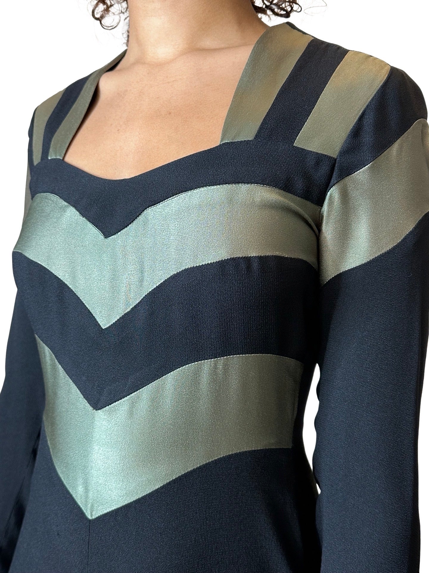 1970's Original Vintage Very Rare Ossie Clark / Quorum Black & Metallic Green Dress UK 8 - 10