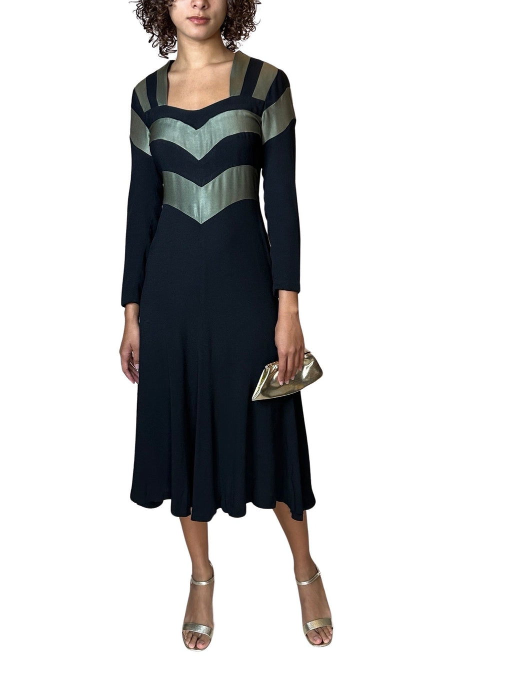 1970's Original Vintage Very Rare Ossie Clark / Quorum Black & Metallic Green Dress UK 8 - 10