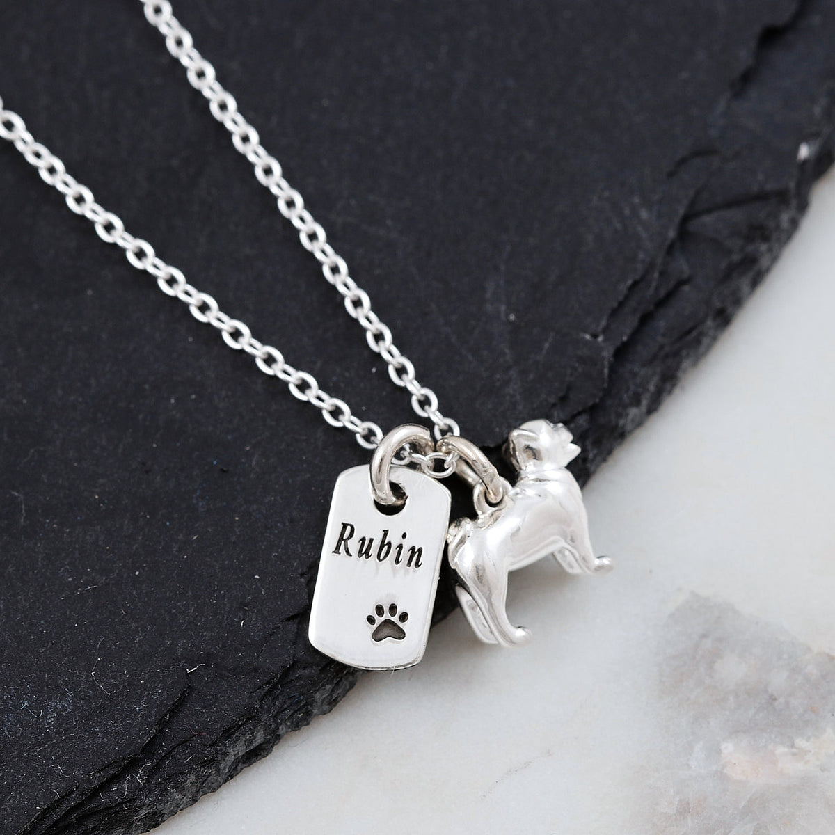 Pug Personalised Silver Dog Tag Necklace