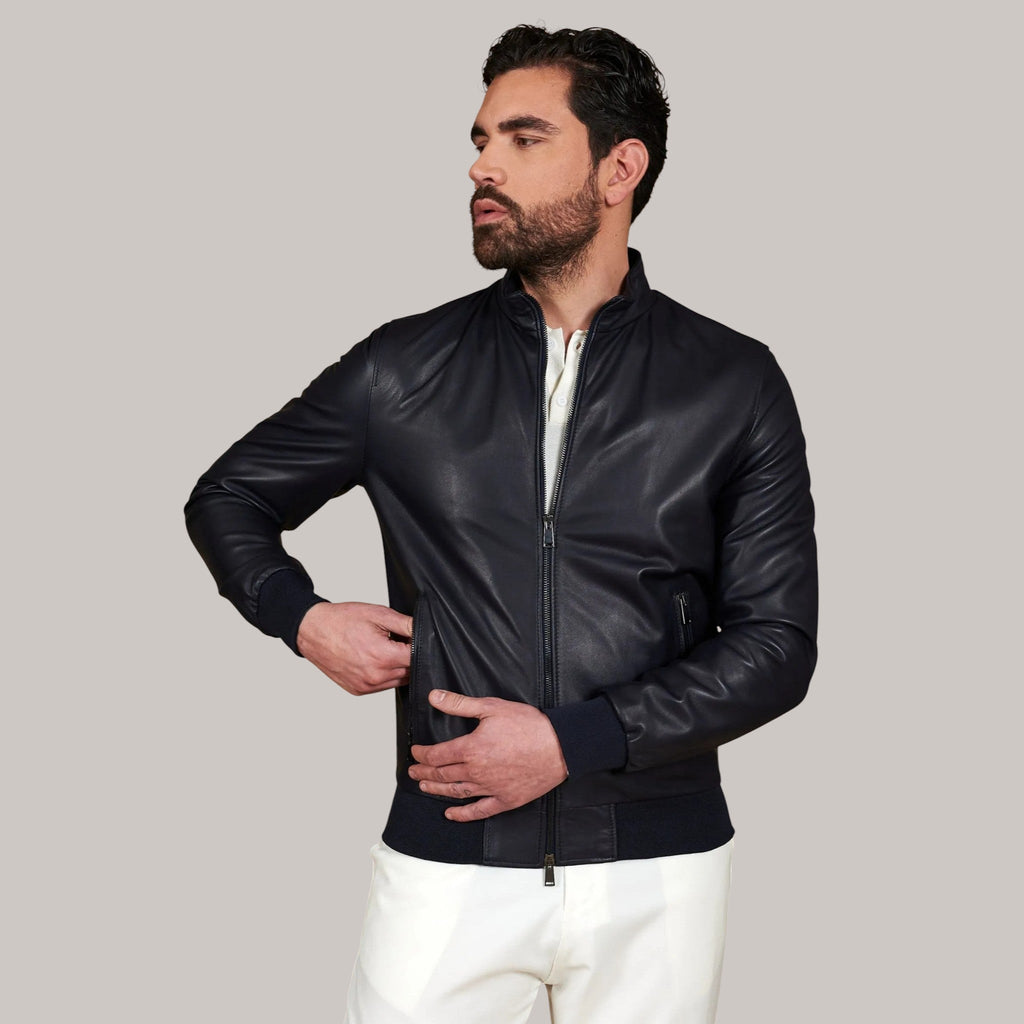Men’s Blue Leather Bomber Jacket