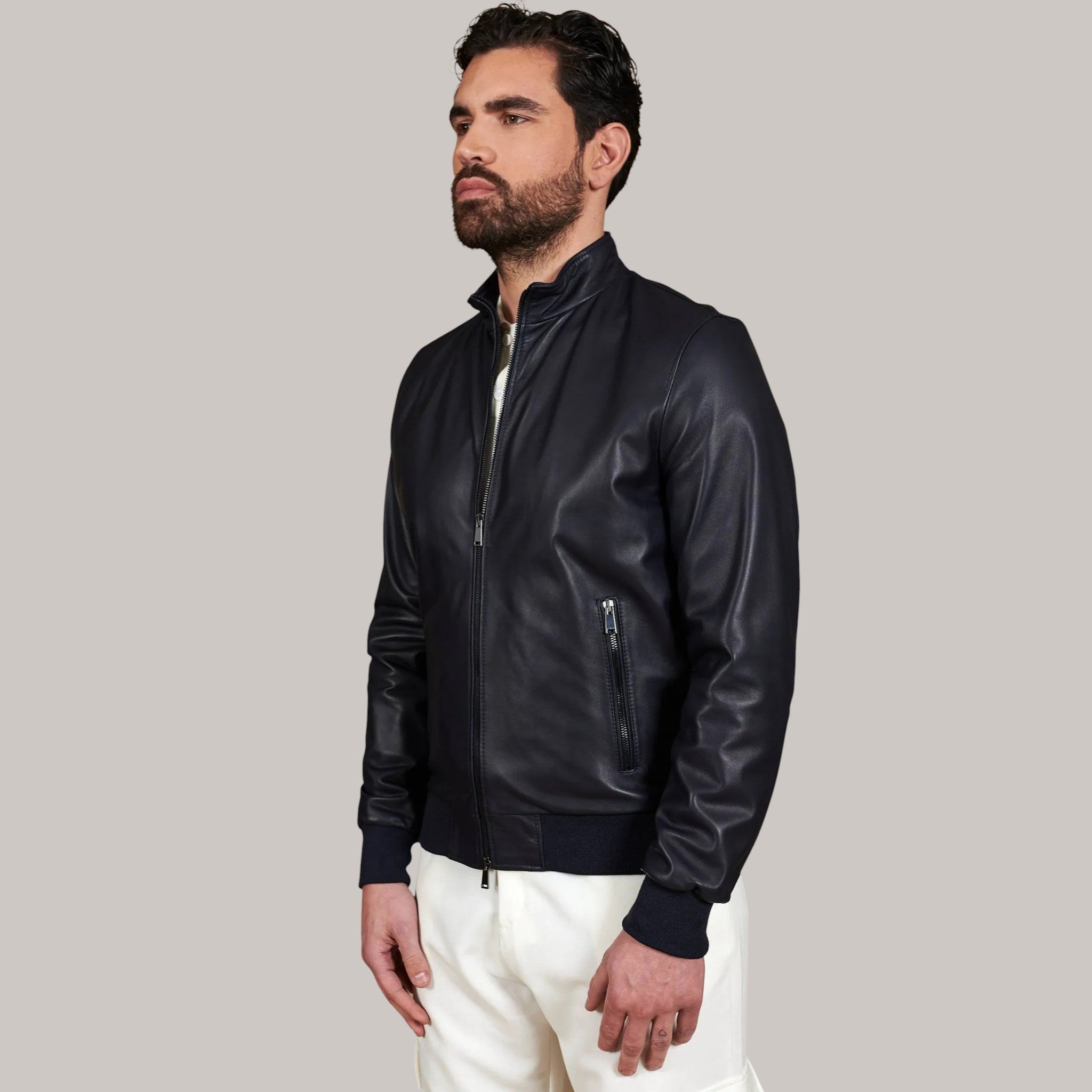 Men’s Blue Leather Bomber Jacket