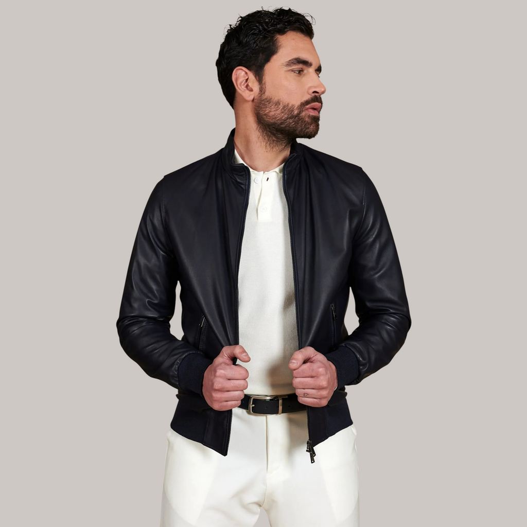 Men’s Blue Leather Bomber Jacket