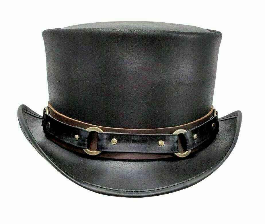 Custom made 5" Steampunk Deadman Top Hat , El Dorado Classic Ring Band Biker Leather Top Hat