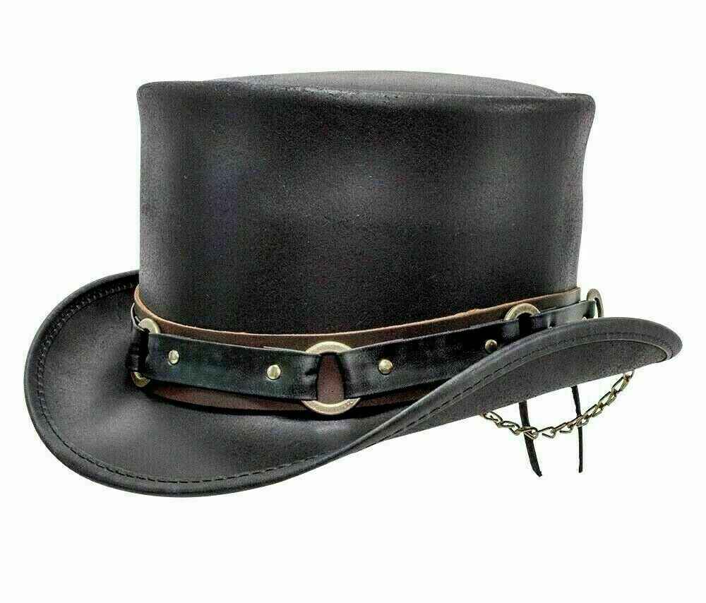 Custom made 5" Steampunk Deadman Top Hat , El Dorado Classic Ring Band Biker Leather Top Hat