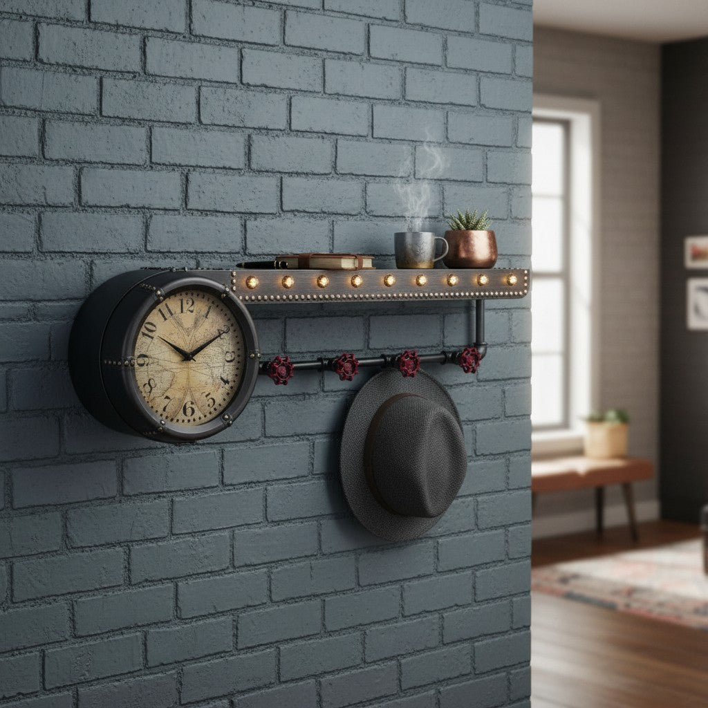 Wall Clock Shelf & Coat Rack | Vintage Multi-Functional Entryway Art