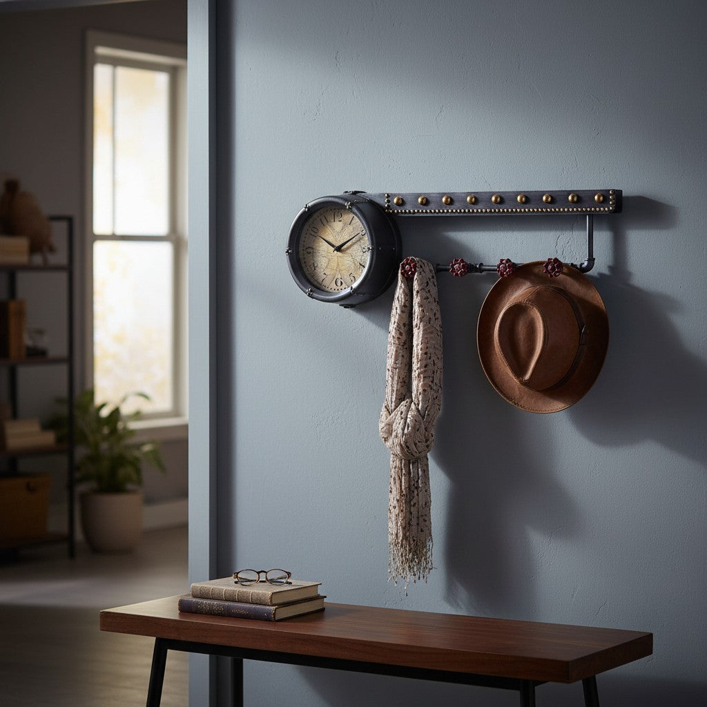 Wall Clock Shelf & Coat Rack | Vintage Multi-Functional Entryway Art