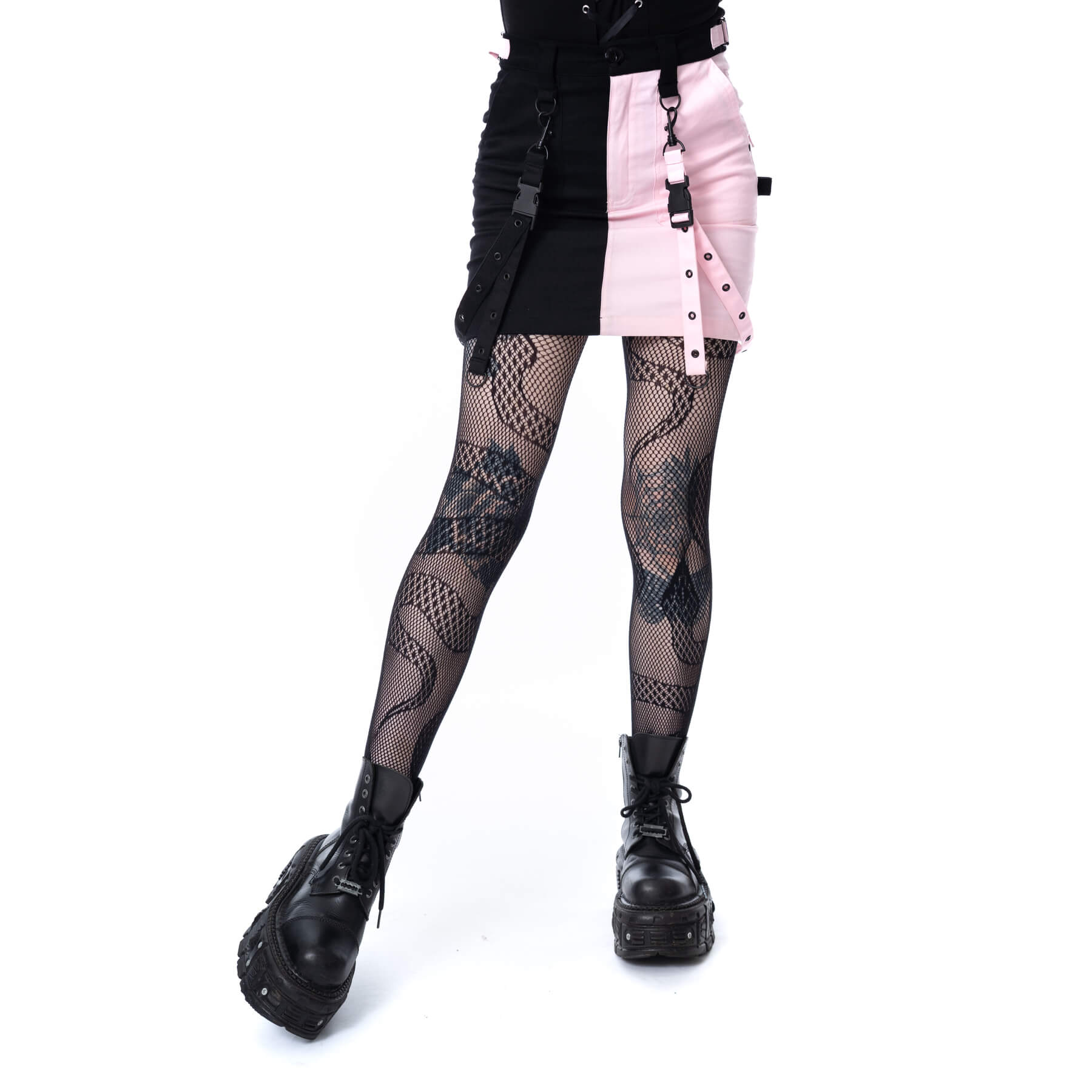 Gothic Mini Skirt Black Pink Strap Detail Chemical Black - DevilGothic DevilGothic