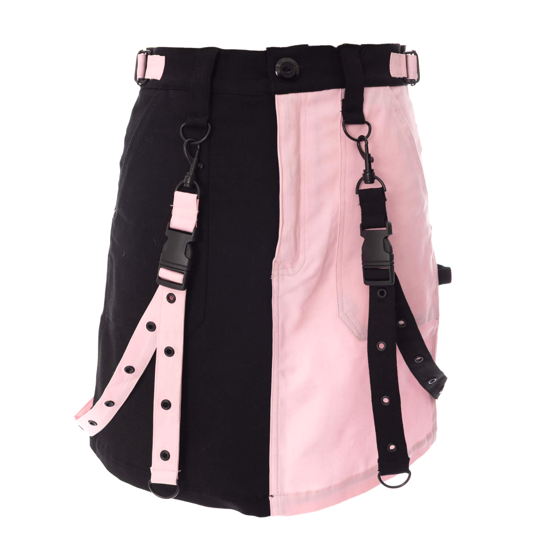 Gothic Mini Skirt Black Pink Strap Detail Chemical Black - DevilGothic DevilGothic