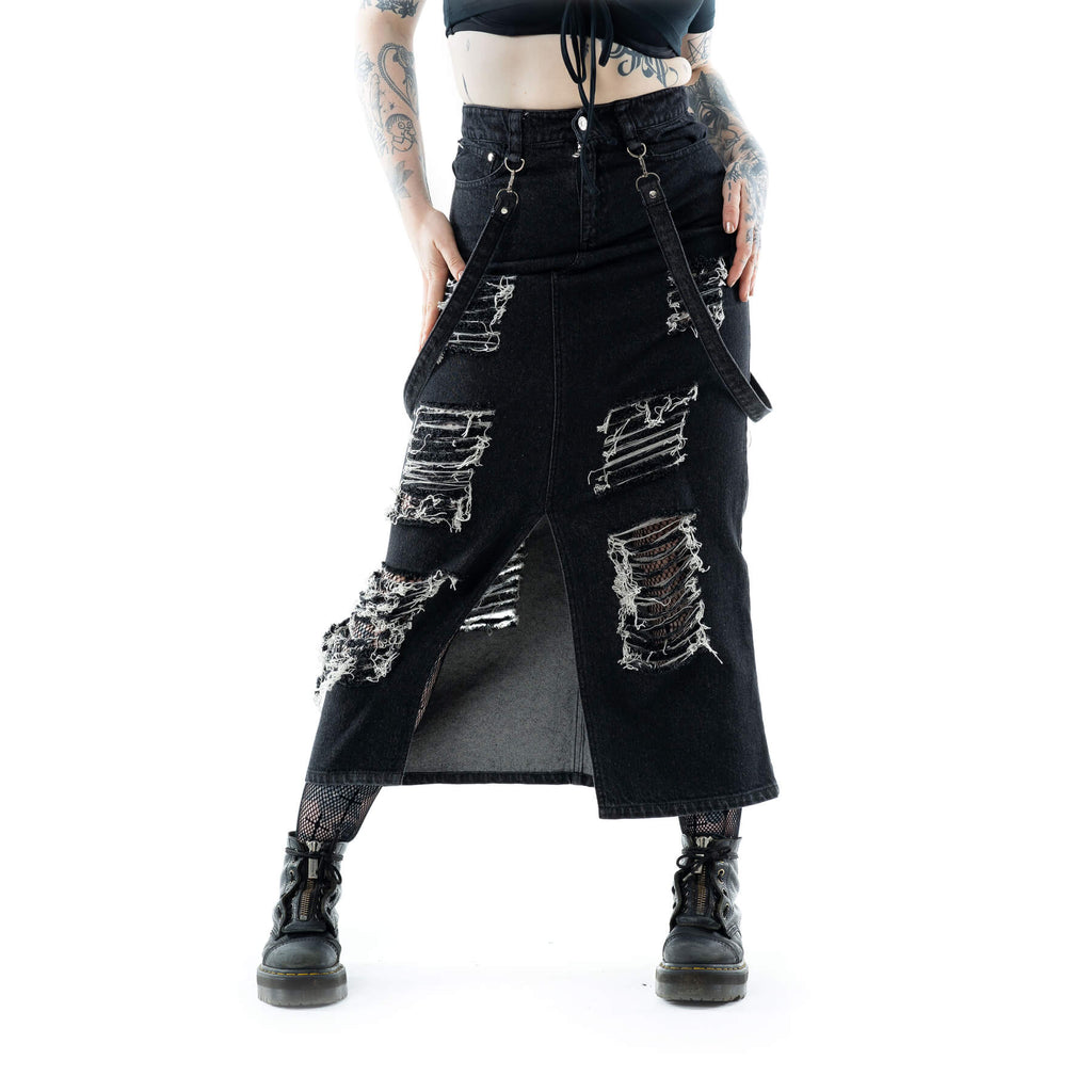 Vixxsin Runa Distressed Denim Maxi Skirt - Black Stonewash - DevilGothic DevilGothic